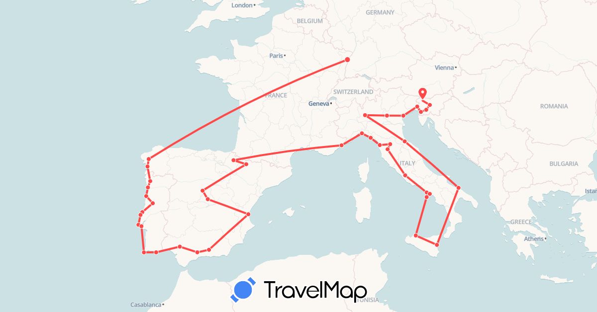 TravelMap itinerary: driving, hiking in Spain, France, Italy, Portugal, Slovenia, San Marino (Europe)